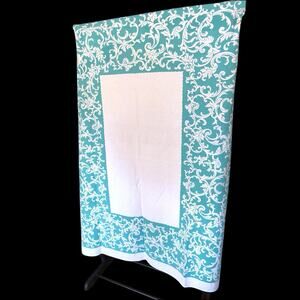 Vintage Mid Century Turquoise & White Scroll Border Cotton Tablecloth 52” X 60”